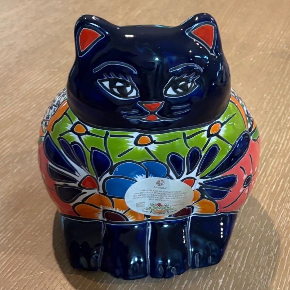 Castillo Mexico Talavera Cat Planter Hand‎ Painted Ceramic Folk Art Blue Floral
